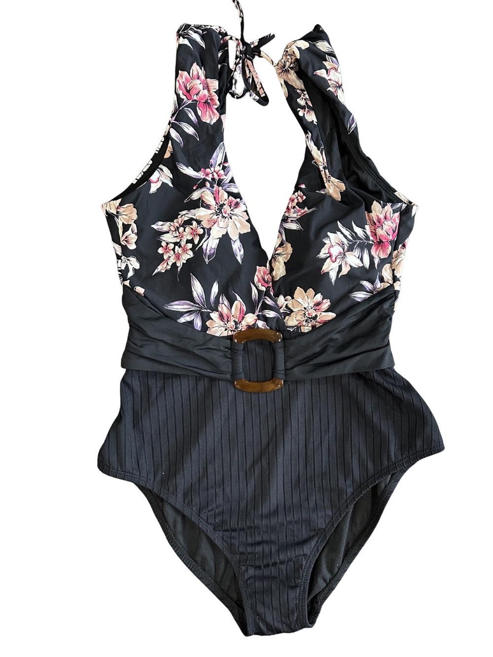 NWT Time and Tru Floral One Piece Swimsuit Medium 8-10 High Leg Cheeky Halter